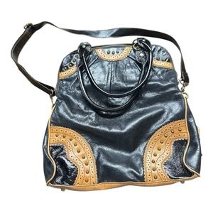 NWOT VINTAGE Betsey Johnson Studded Satchel Black Leather Tan GREAT CONDITION